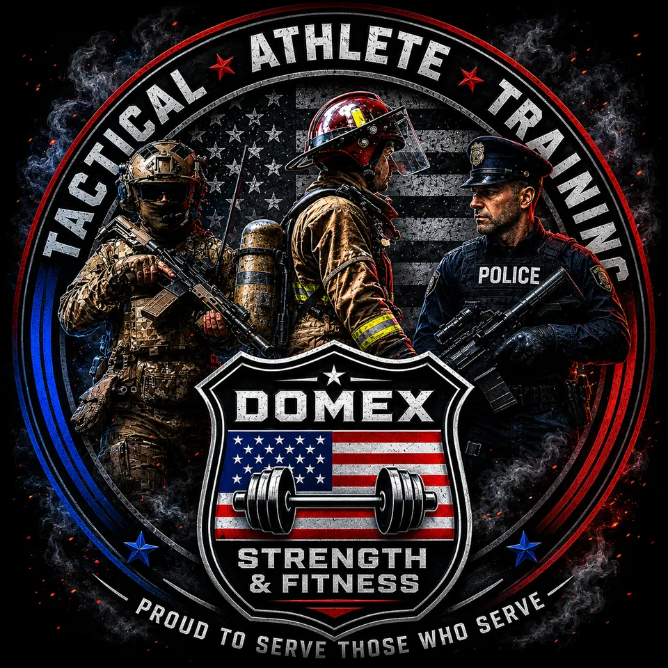 The Domex Strength and Fitness crest: a soldier, a firefighter and a police officer standing before an American flag, ringed by the words Tactical Athlete Training above and Proud To Serve Those Who Serve below, with the Domex shield and barbell at the centre