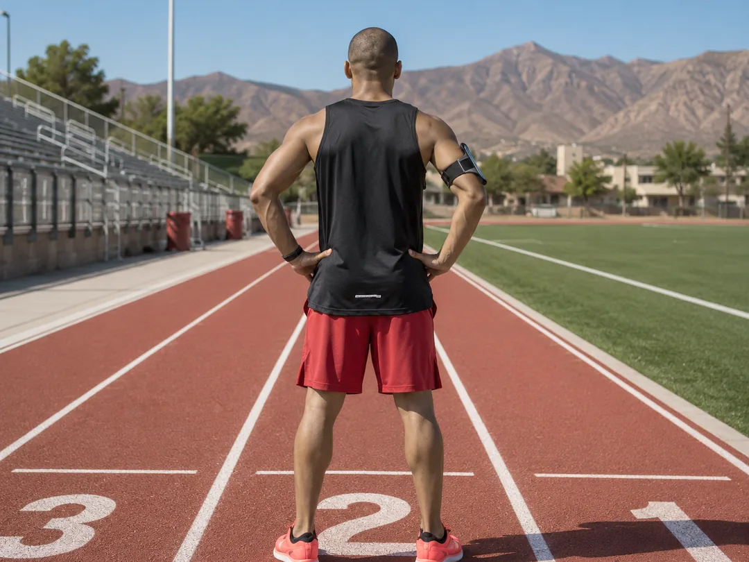 A tactical athlete standing in lane two of an outdoor running track facing desert mountains, ready for a timed run
