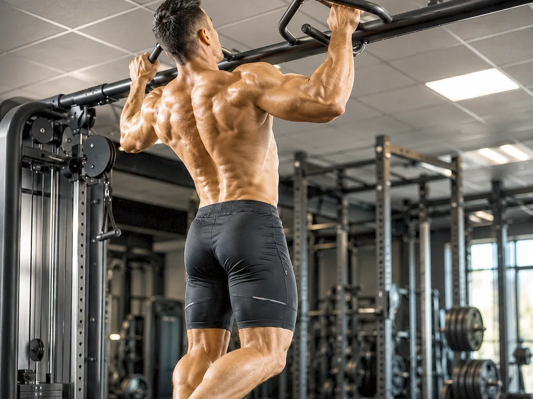 A muscular athlete pulling himself to the bar in a gym, back and shoulders fully engaged through the movement