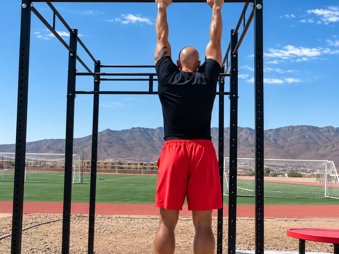 An athlete hanging at full extension from an outdoor pull-up rig beside a running track, desert mountains behind