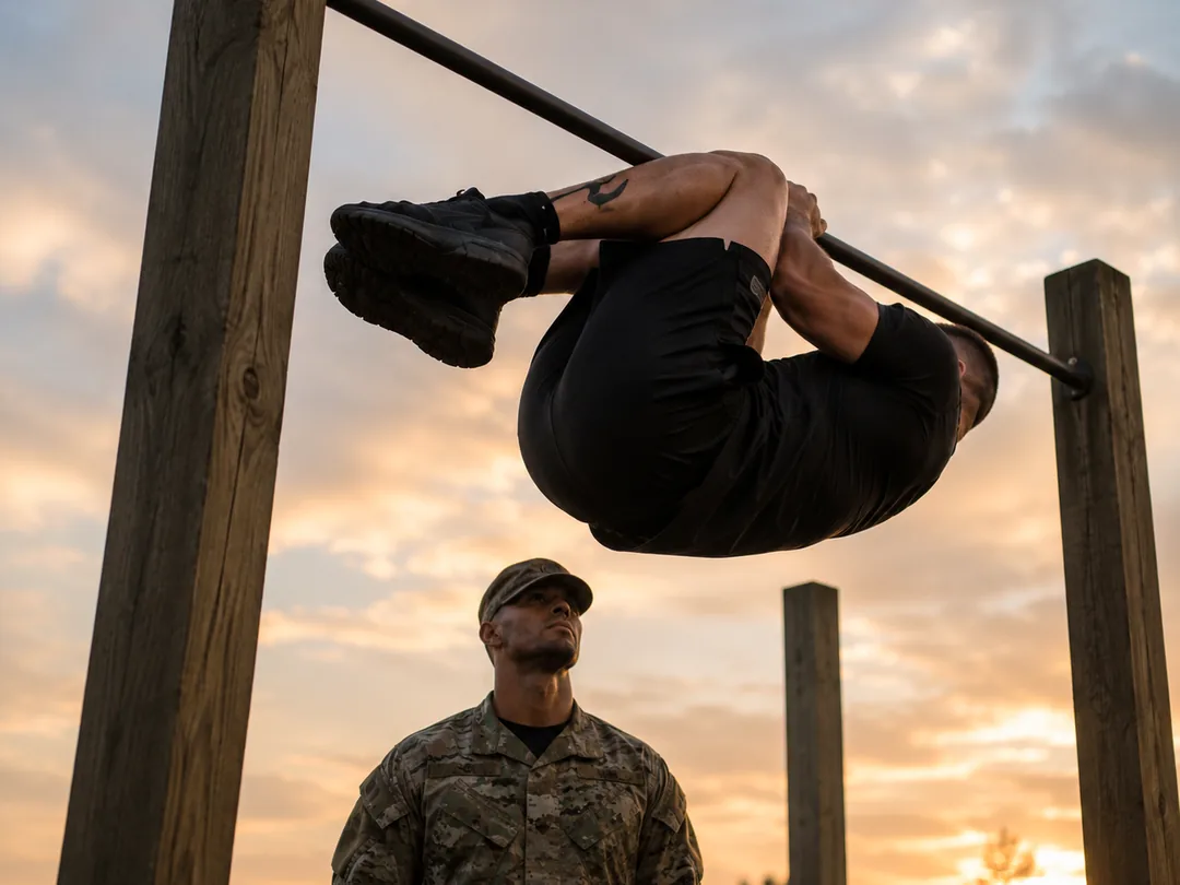 A soldier performing hanging knee raises on an outdoor pull-up bar at sunrise while a uniformed instructor watches from below