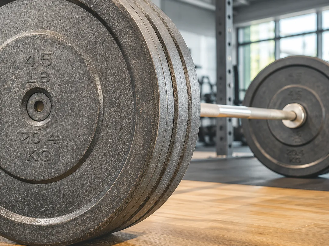 A loaded Olympic barbell with worn forty-five pound plates resting on the floor of a strength training facility